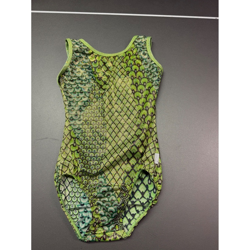 Destira Gymnastics Leotard Girls JR Green Gold Metallic Foil Scale Print Tank
